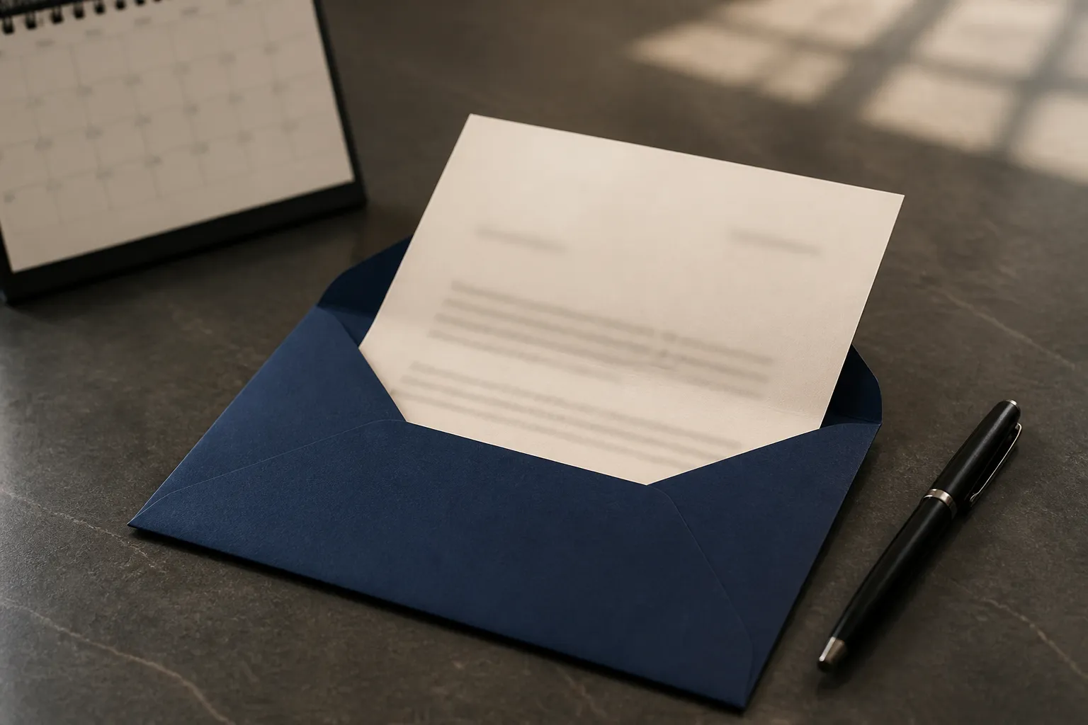 Geöffneter dunkelblauer Umschlag mit einem Schreiben, daneben ein Kalender und ein Stift auf einem Schreibtisch