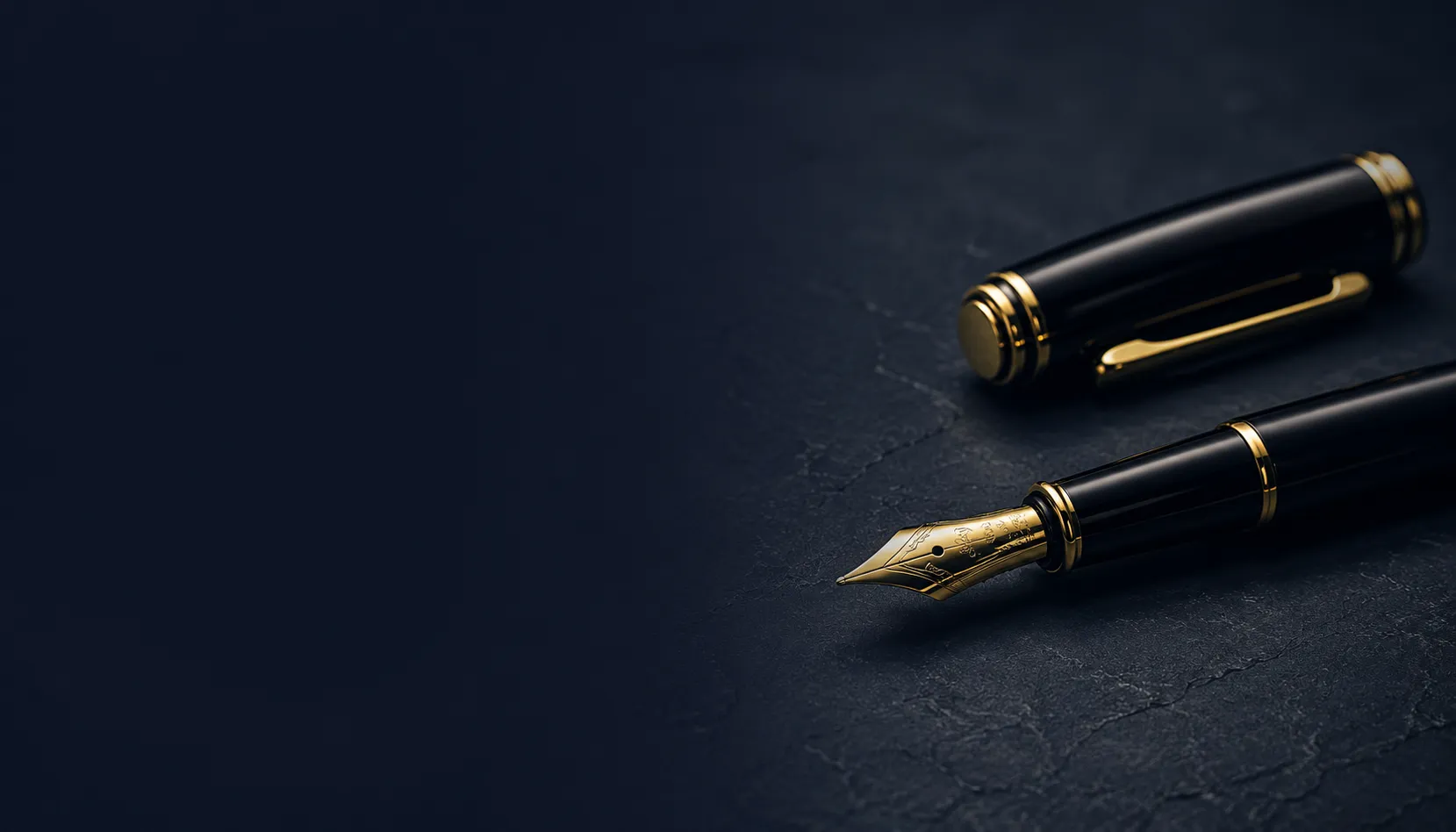 Schwarzer Füllfederhalter mit goldener Feder auf einem dunkelblauen Schreibtisch